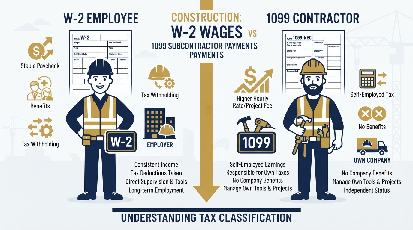 W-2 wages versus 1099 subcontractor payments classification for construction