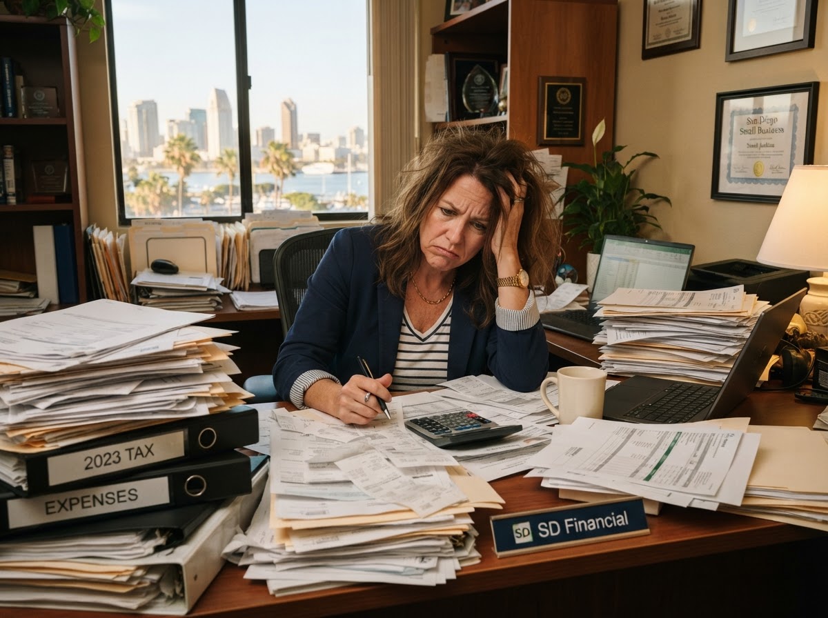 Overwhelmed San Diego business owner surrounded by messy receipts and invoices at a cluttered desk