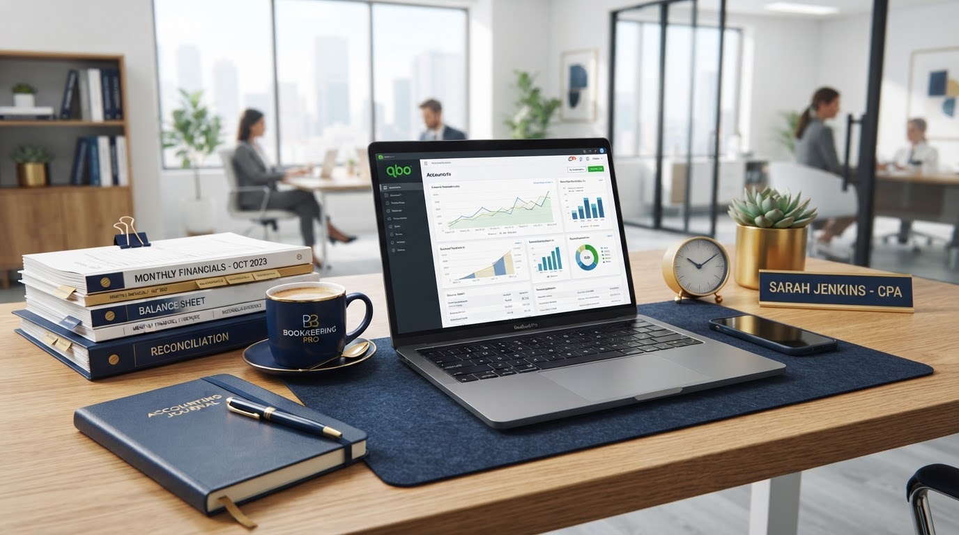 A professional accountant's clean organized desk with a laptop and neatly stacked financial reports, representing the professional bookkeeping solution