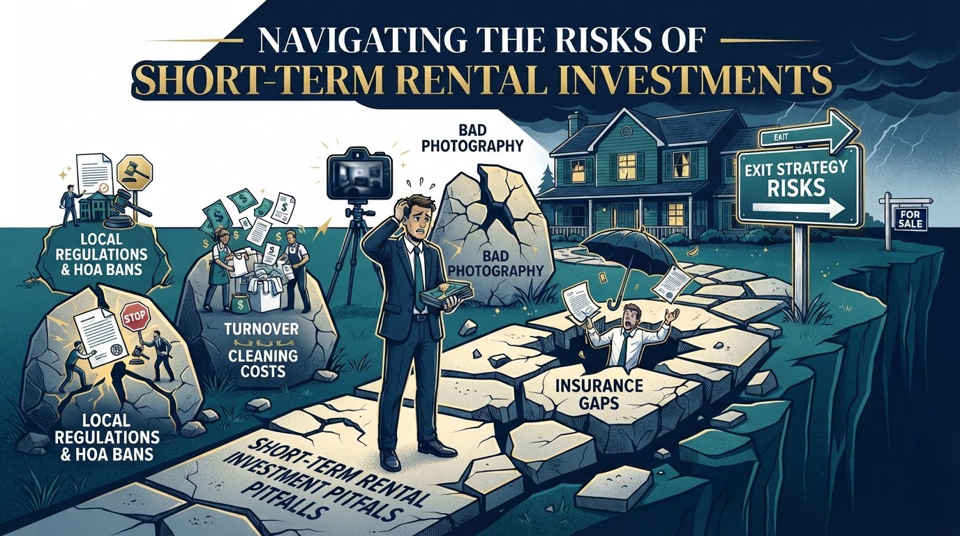 Common short-term rental investment pitfalls including regulations, turnover costs, photography, insurance, and exit strategy