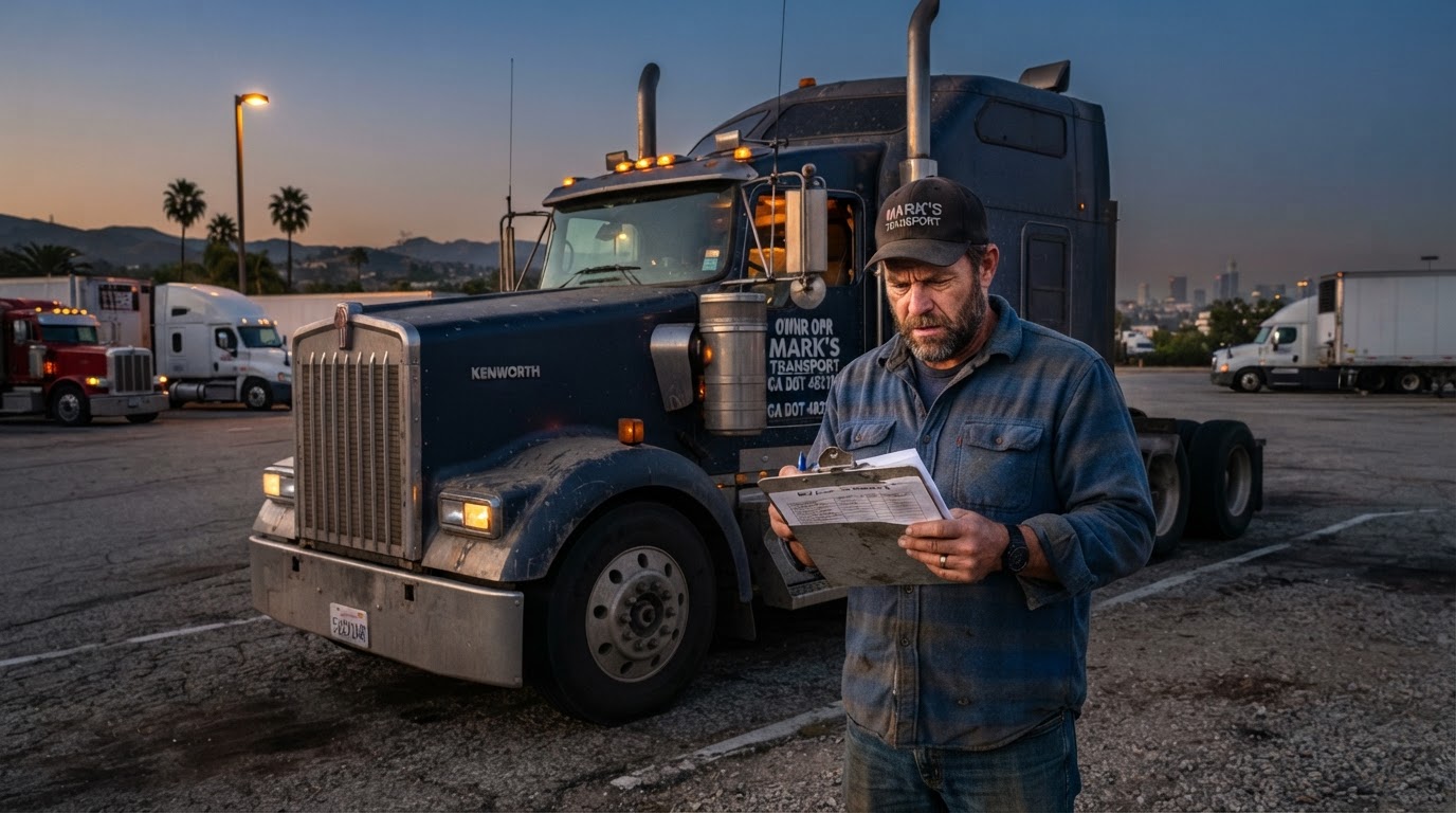 Owner-operator trucker reviewing paperwork beside his semi-truck at a Southern California rest stop