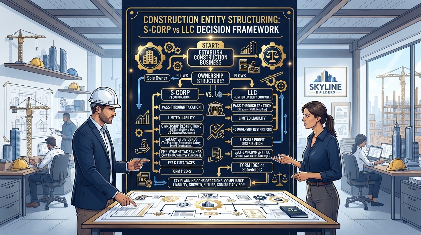 Construction company entity structuring comparison showing S-Corp, LLC, and C-Corp tax implications