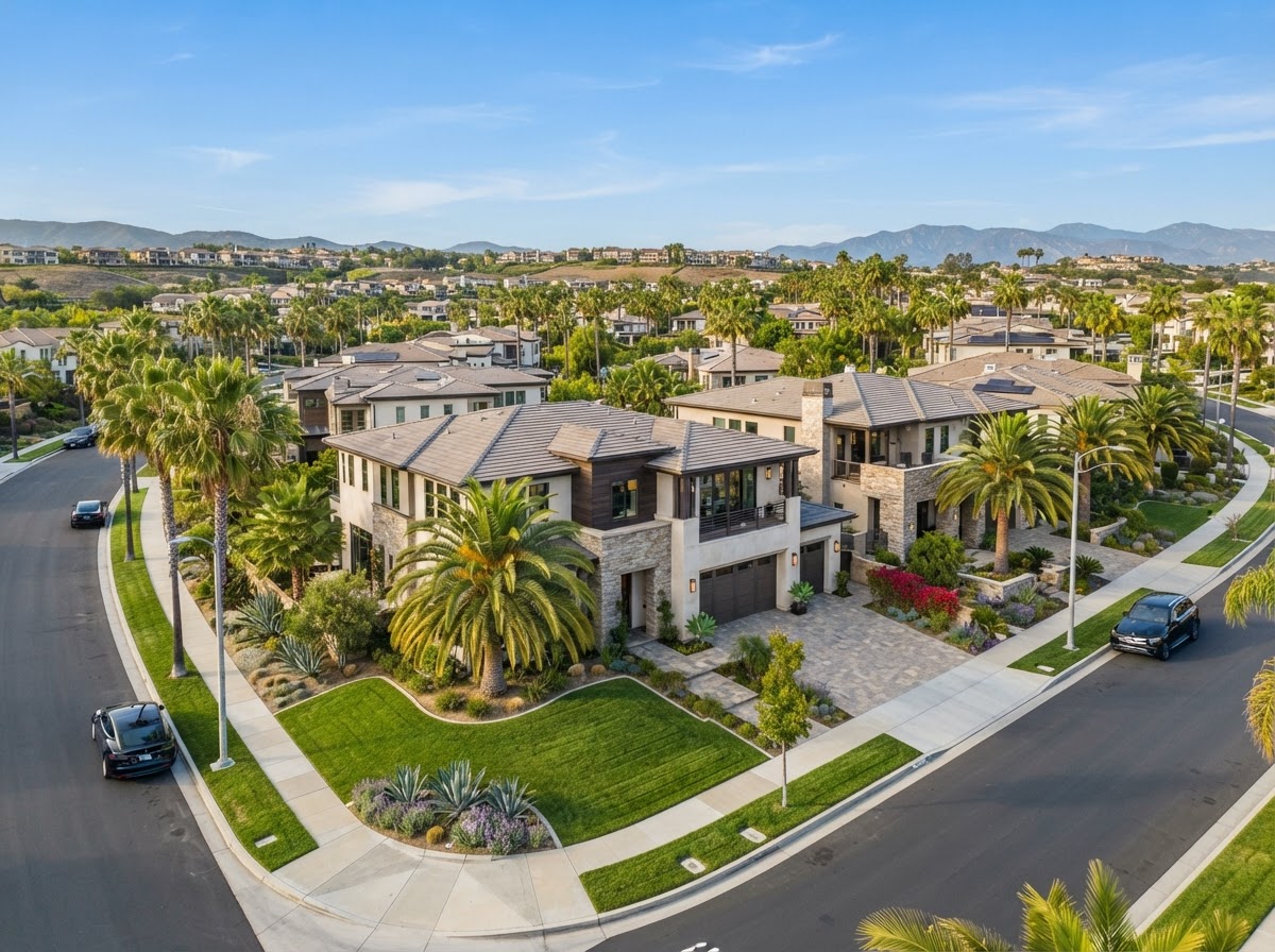 Orange County residential real estate neighborhood with modern upscale homes and palm trees