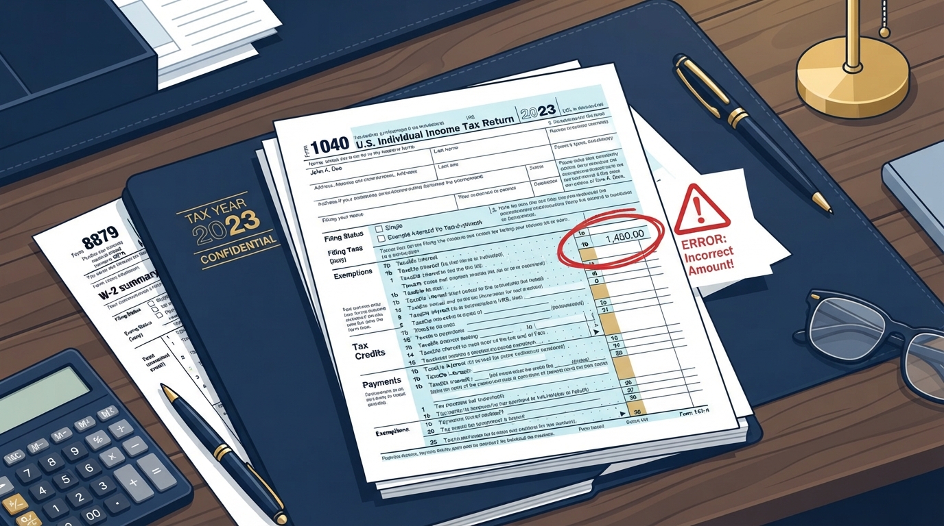 Tax return document with a highlighted error and magnifying glass