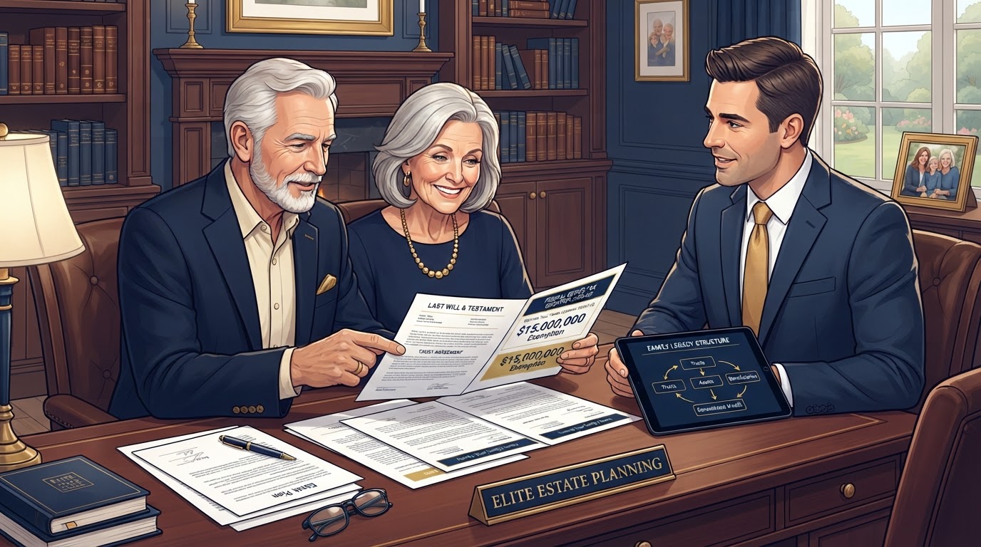 Senior couple reviewing estate planning documents with a $15 million exemption