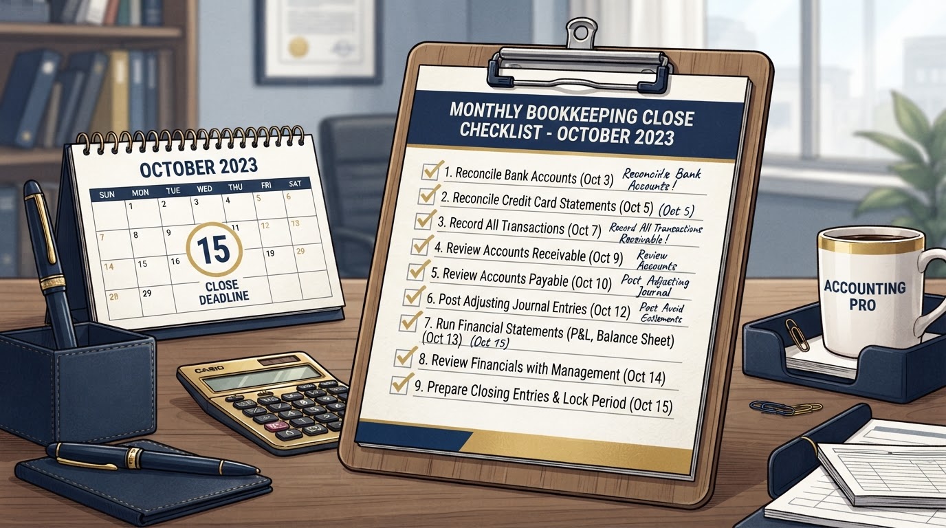 Monthly bookkeeping close checklist with completed tasks and a calendar showing the 15th deadline
