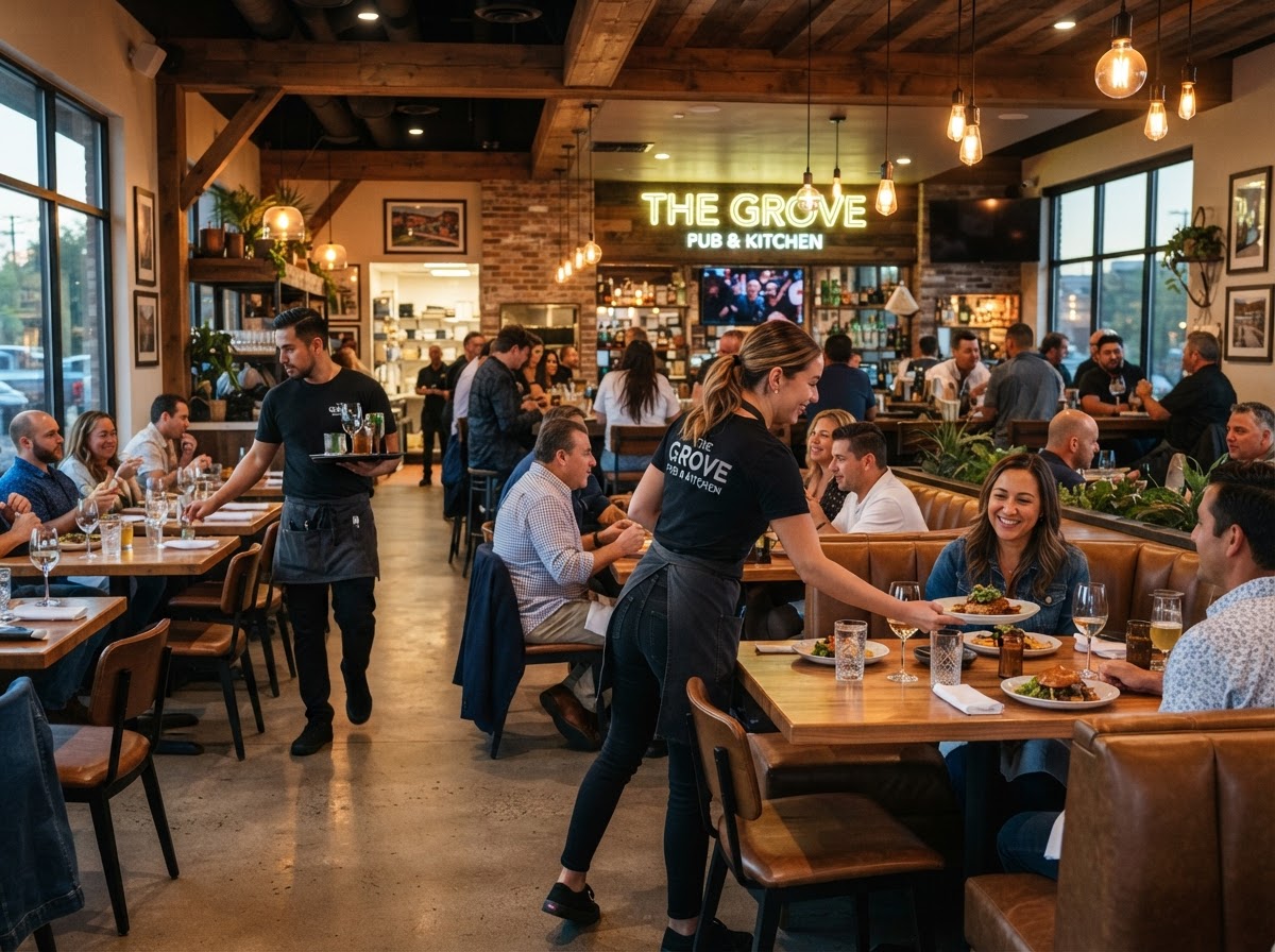 Busy Inland Empire restaurant interior with staff serving customers in a modern casual dining room