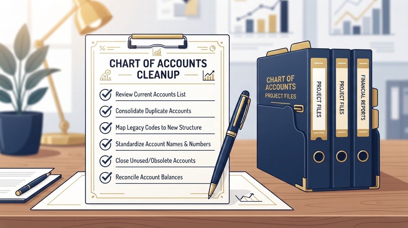 Chart of accounts cleanup checklist with checkmarks, a pen, and an organized folder system