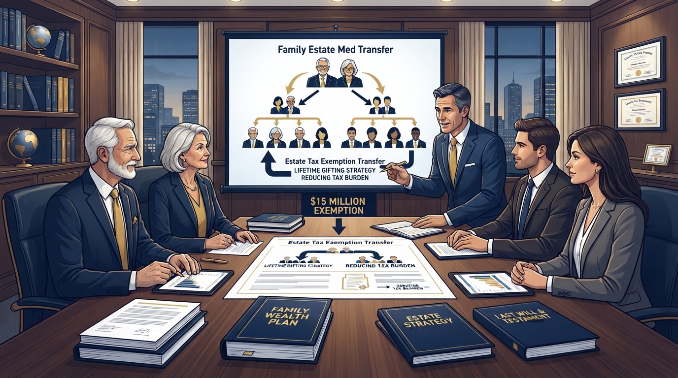 Family estate planning meeting showing $15 million exemption transfer to heirs with documents and a family tree