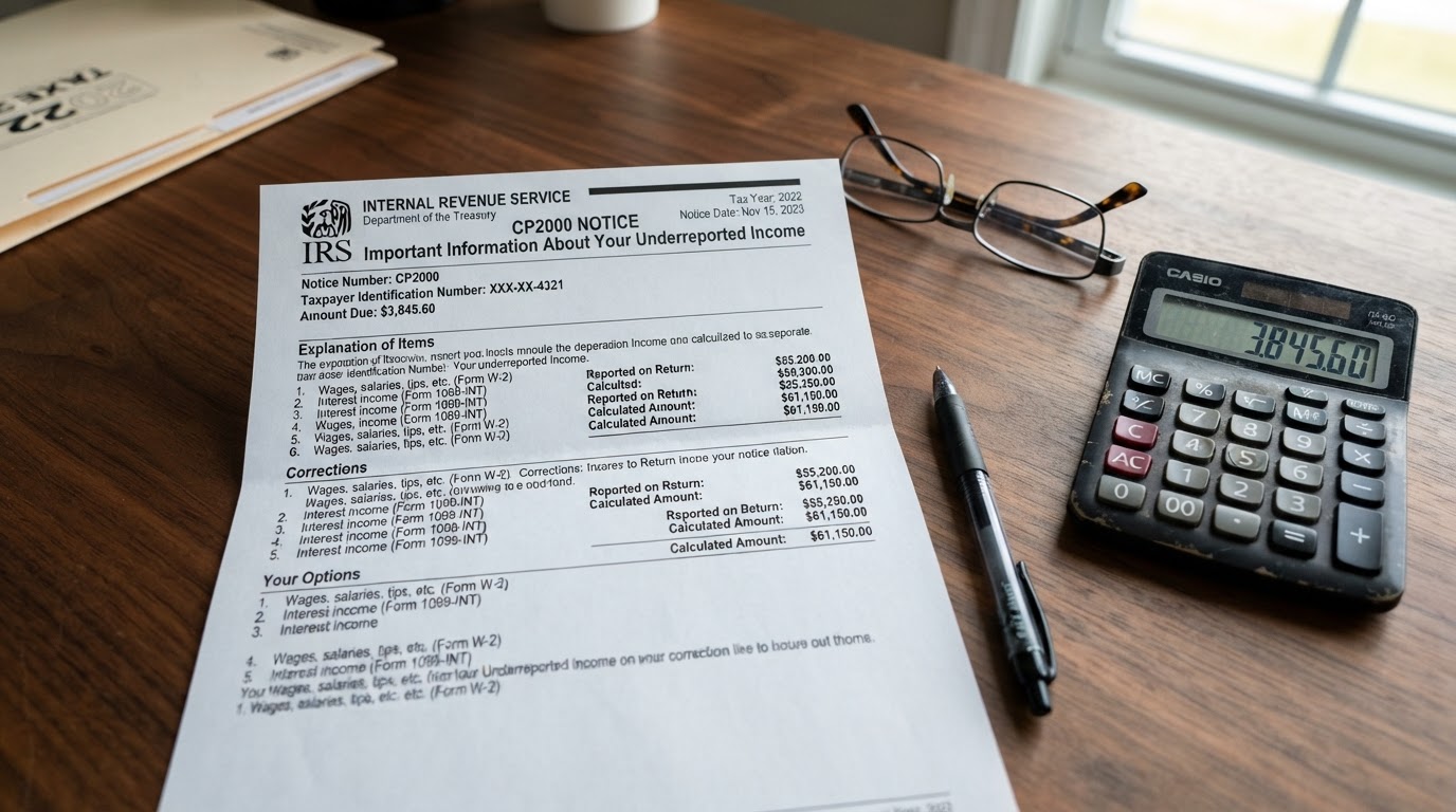 Close up of an IRS CP2000 notice on a desk beside a calculator and reading glasses