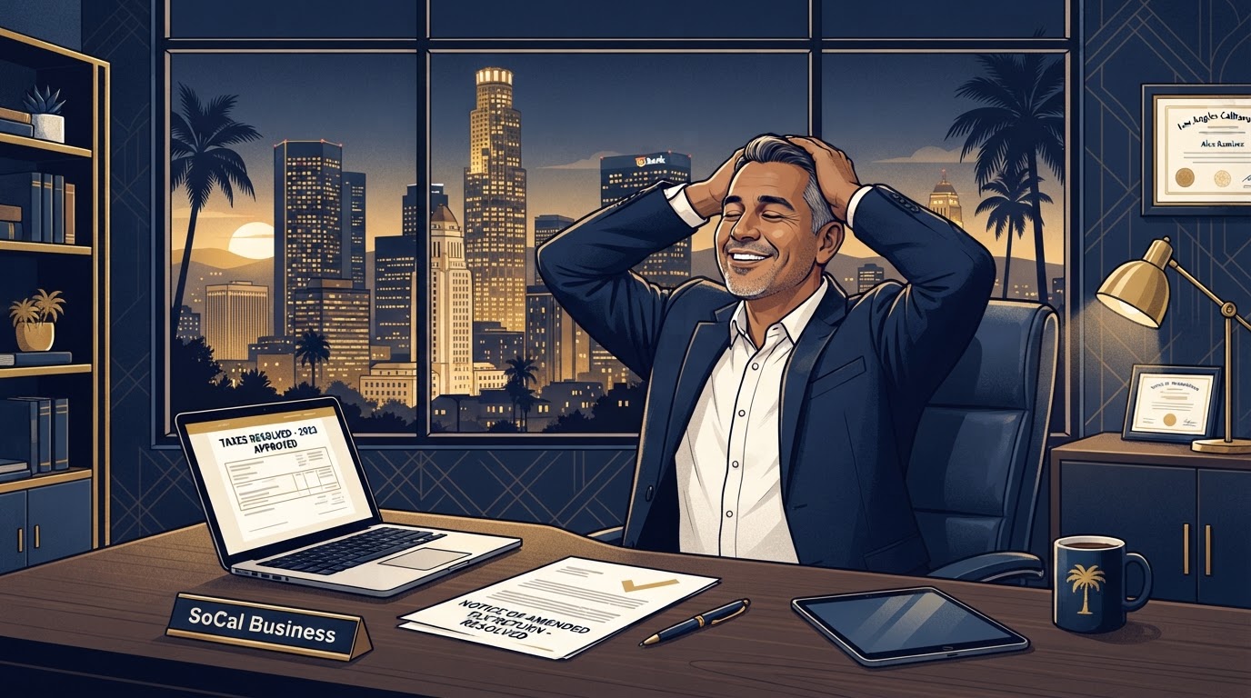 Relieved Southern California business owner after fixing tax return errors, Los Angeles skyline in background
