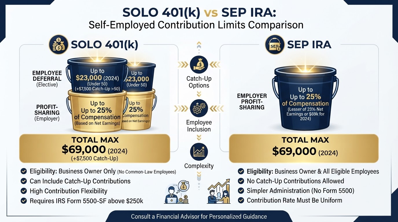 Solo 401(k) versus SEP IRA contribution limits showing employee deferral plus profit-sharing buckets