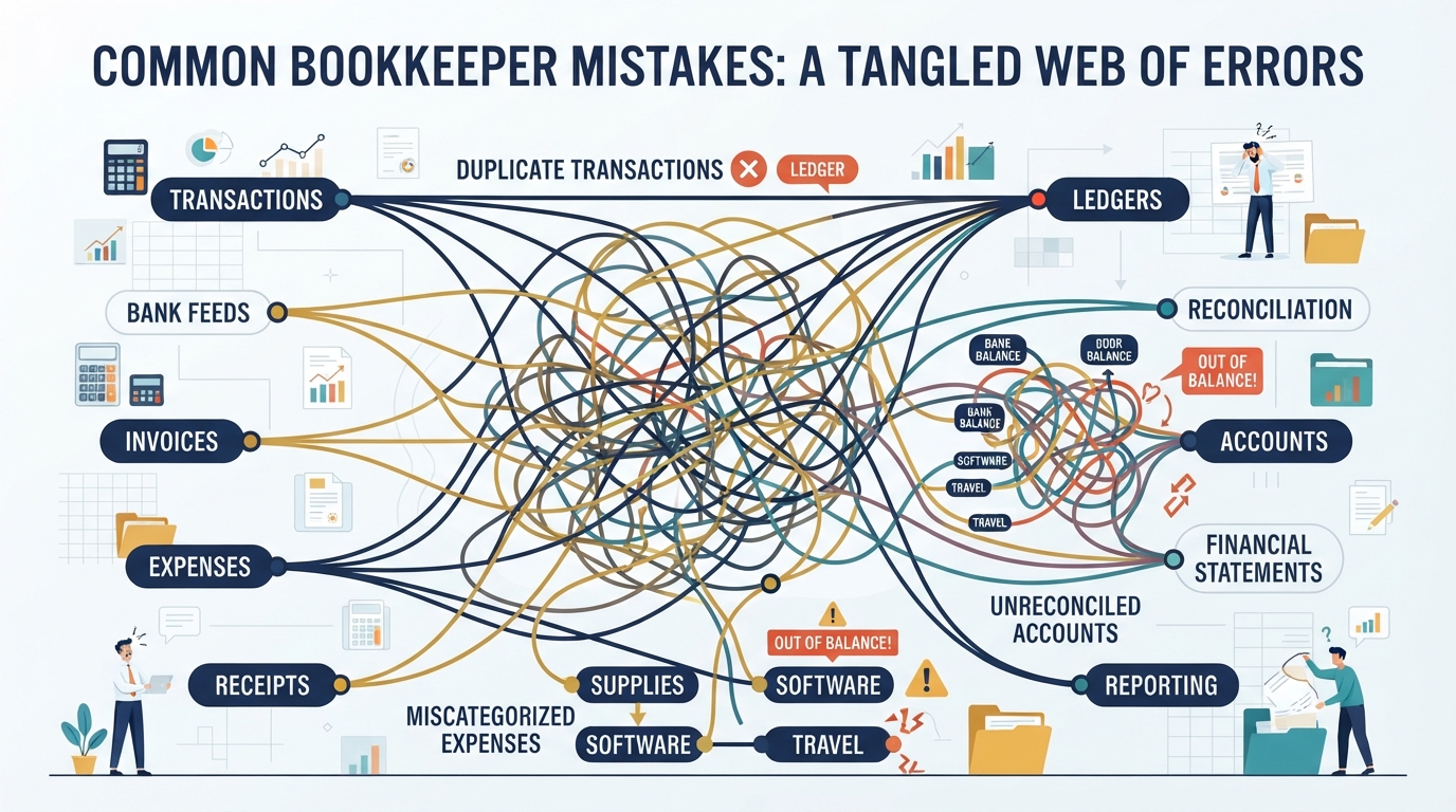 Diagram of common bookkeeper mistakes: duplicate transactions, miscategorized expenses, unreconciled accounts