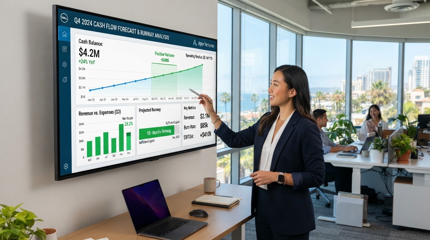 Clean cash flow forecast dashboard showing positive trends and runway projections for a Southern California business