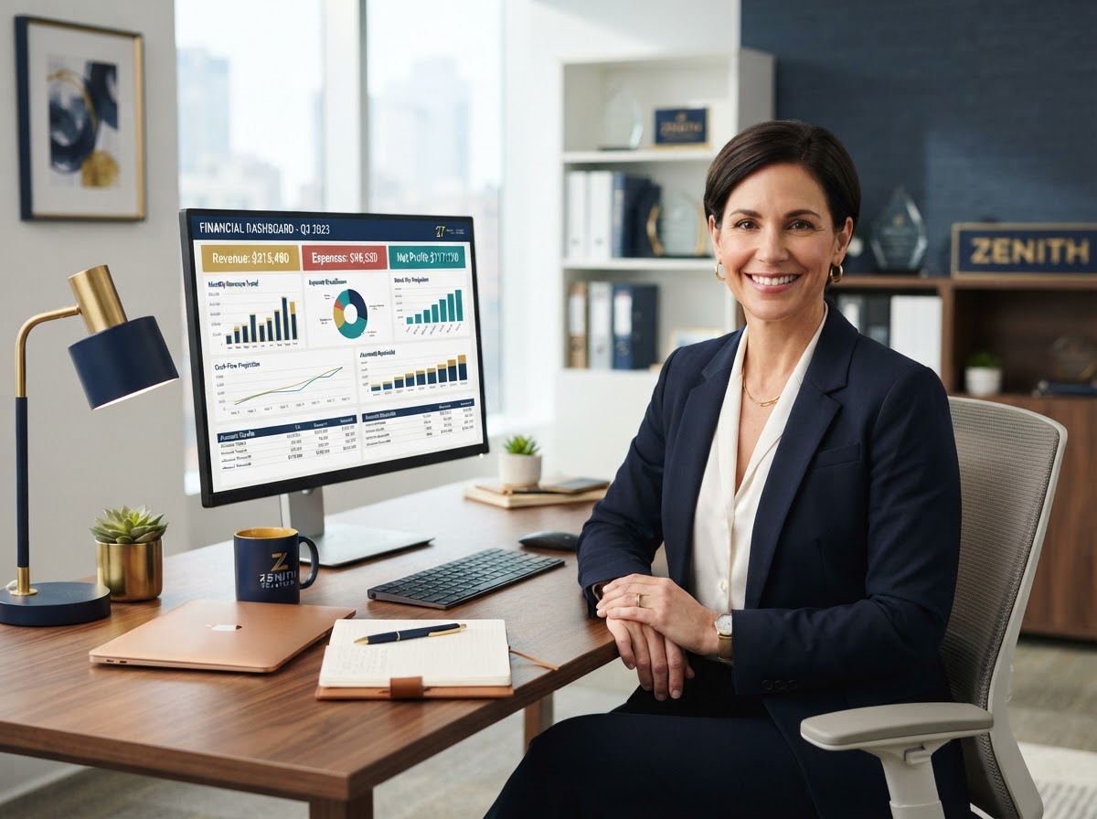 Calm business owner working with a clean organized accounting dashboard on screen