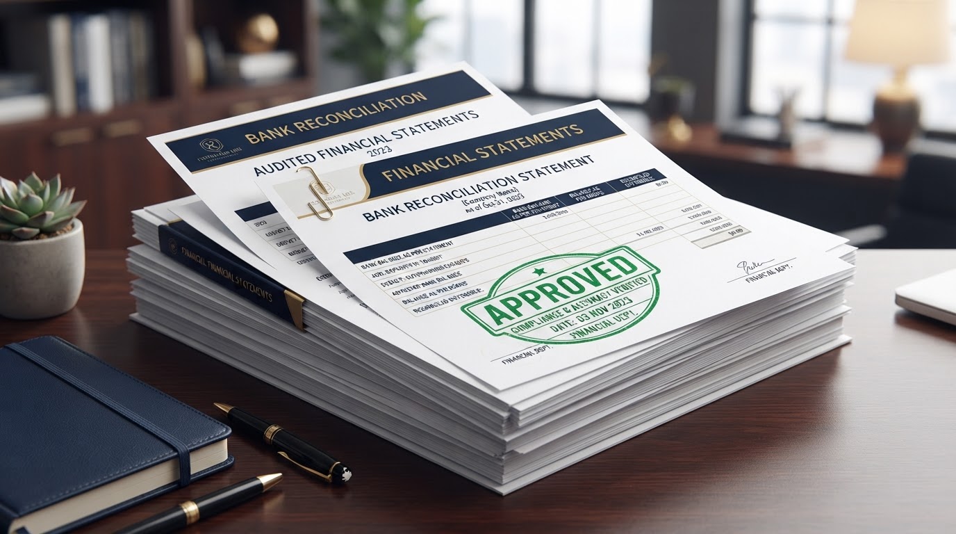 Bank reconciliation documents and clean financial statements with a green approval stamp