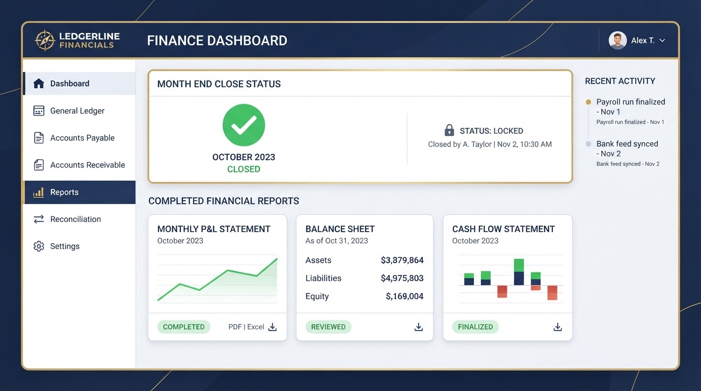 Clean organized accounting dashboard showing completed financial reports and a locked month close with a checkmark