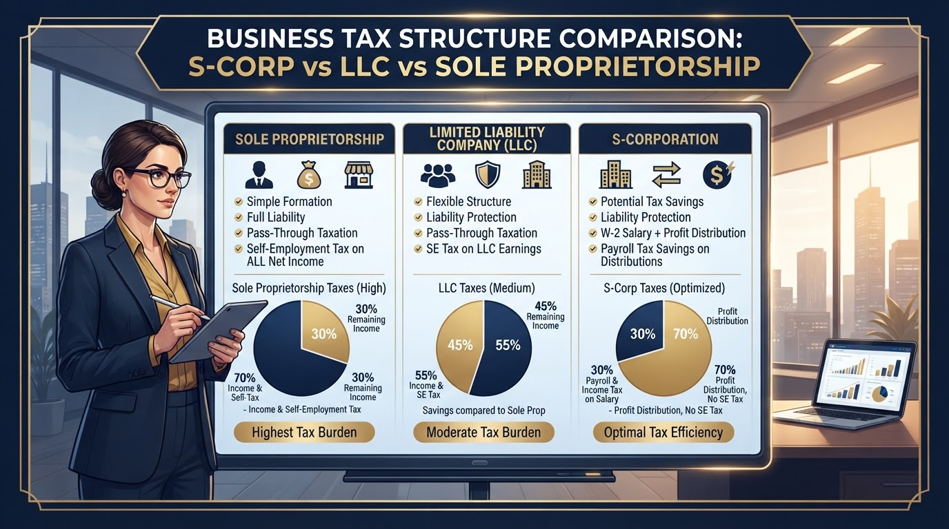 Small business owner comparing S-Corp vs LLC vs Sole Proprietorship tax structures with pie charts showing tax savings
