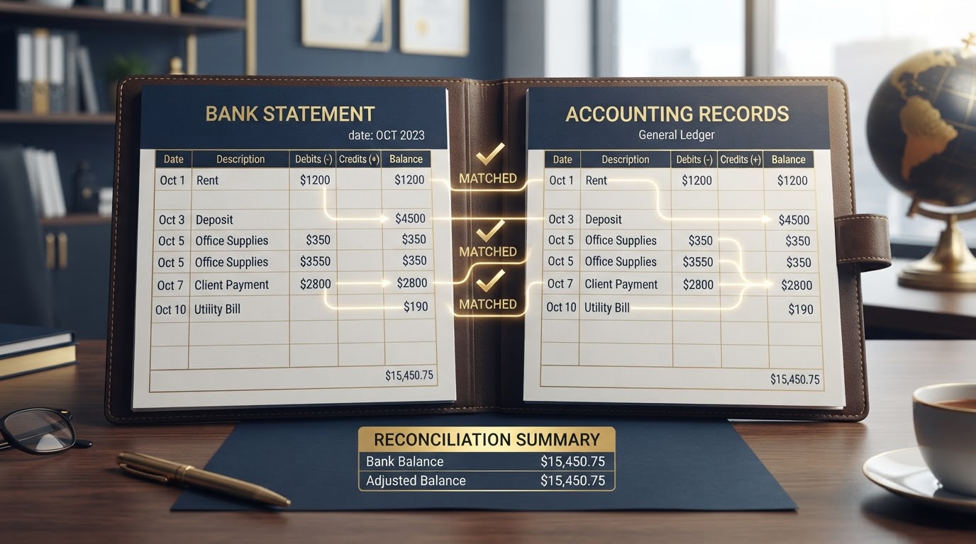 Bank reconciliation process matching transactions between bank statement and accounting records