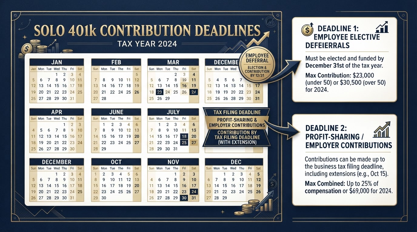 Timeline of Solo 401(k) contribution deadlines including December 31 deferral cutoff and tax-filing profit-sharing deadline