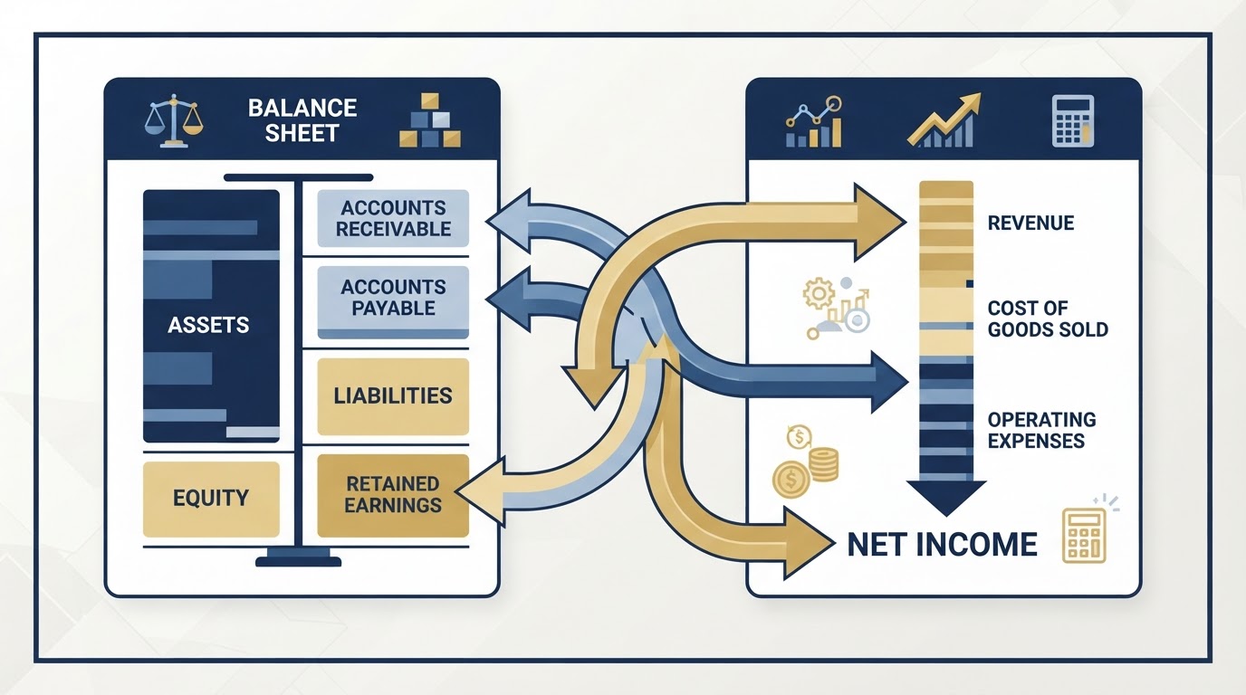 Balance sheet and income statement connected by arrows showing accrual accounting relationships