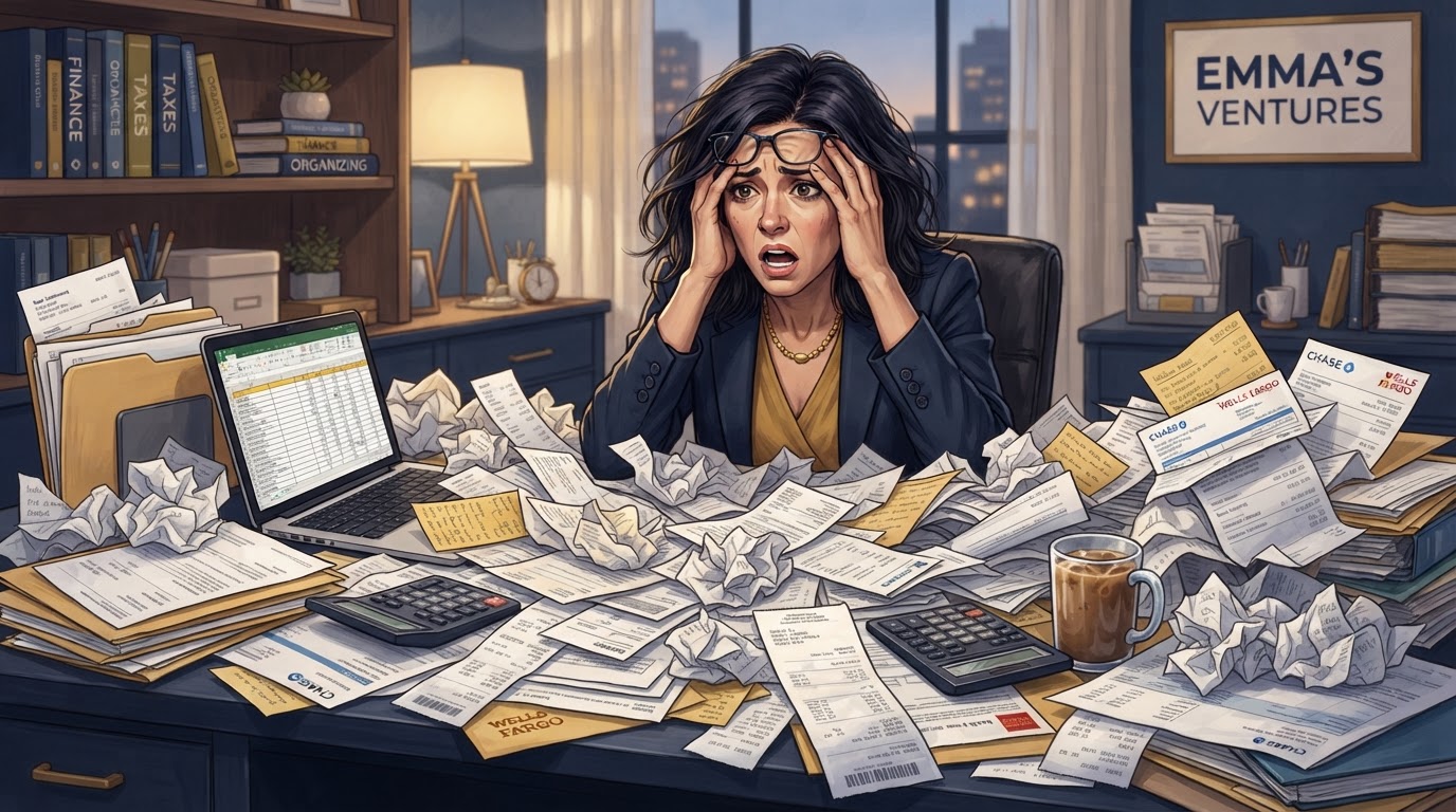 Business owner overwhelmed by tangled personal and business bank statements and receipts
