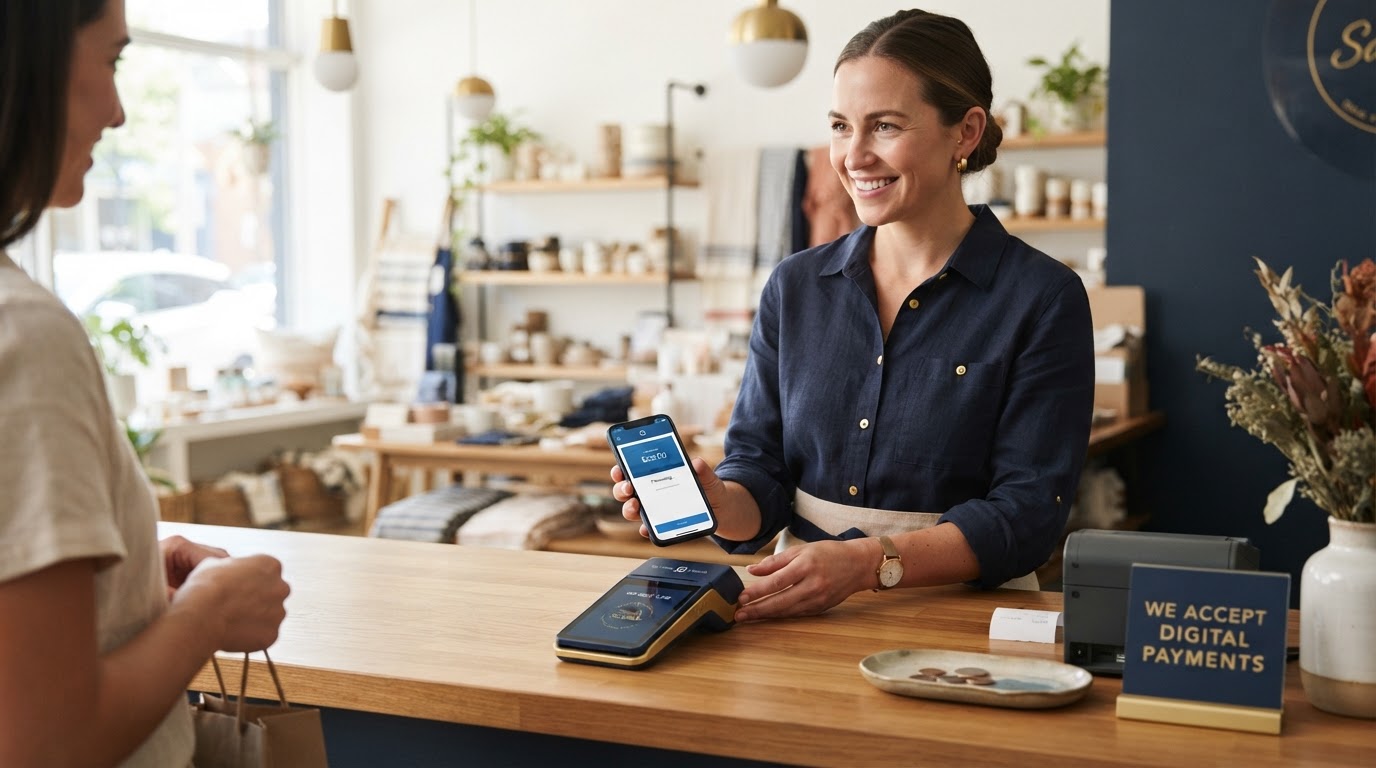 Small business owner using digital payment methods instead of cash