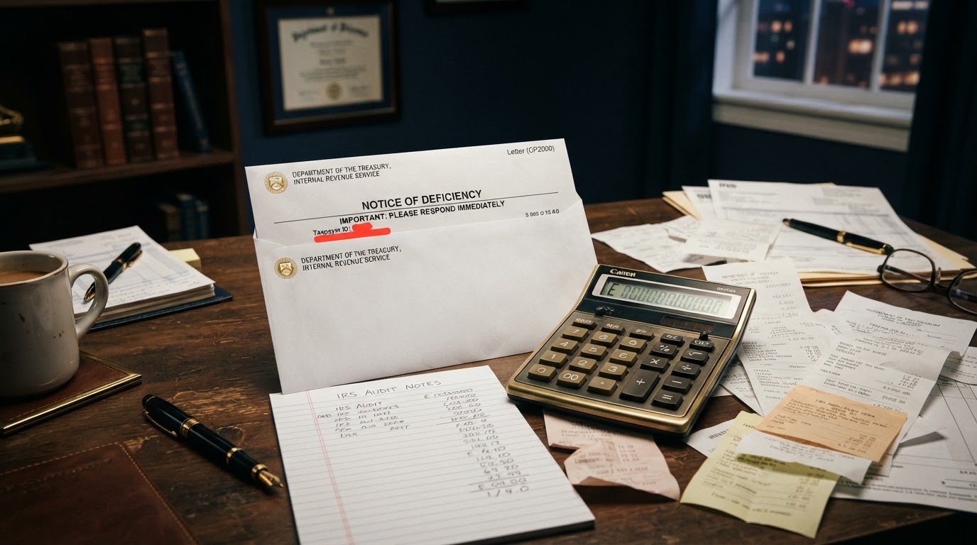IRS audit letter on a desk with calculator and scattered receipts