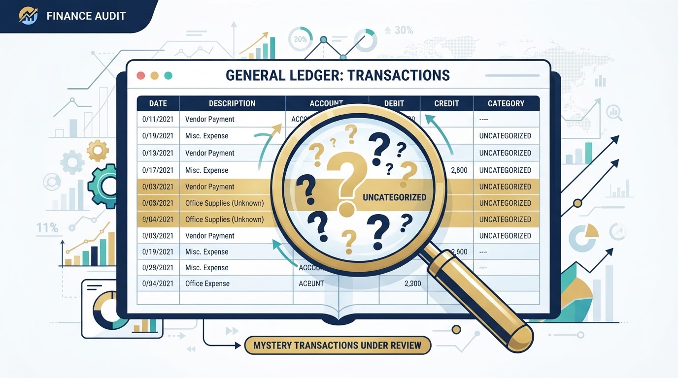 Magnifying glass examining uncategorized transactions in a ledger with question marks around mystery transactions