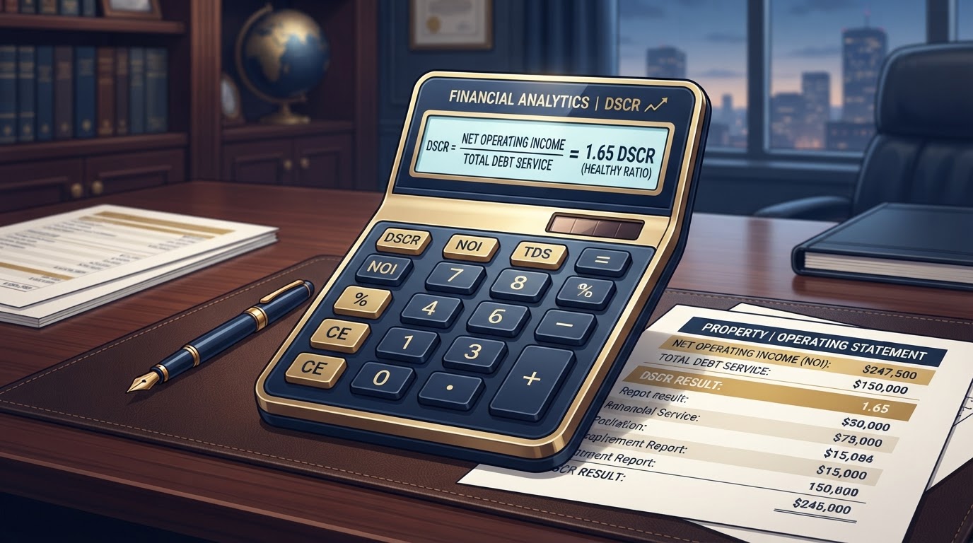 Debt service coverage ratio calculation with a calculator and financial ratio numbers