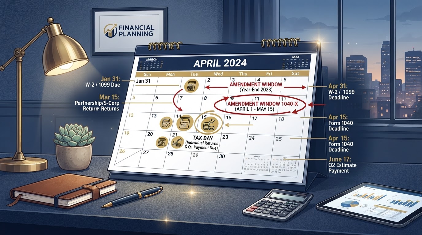 Calendar showing tax amendment deadline windows with red circles