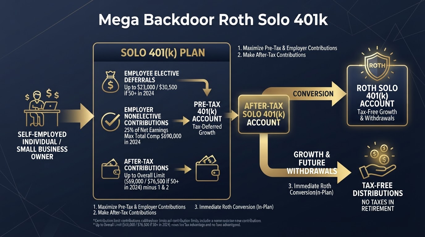 Mega Backdoor Roth Solo 401(k) strategy showing after-tax contributions converting to Roth tax-free growth
