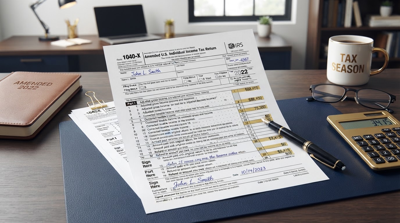 IRS Form 1040X amended tax return form with gold highlight marks