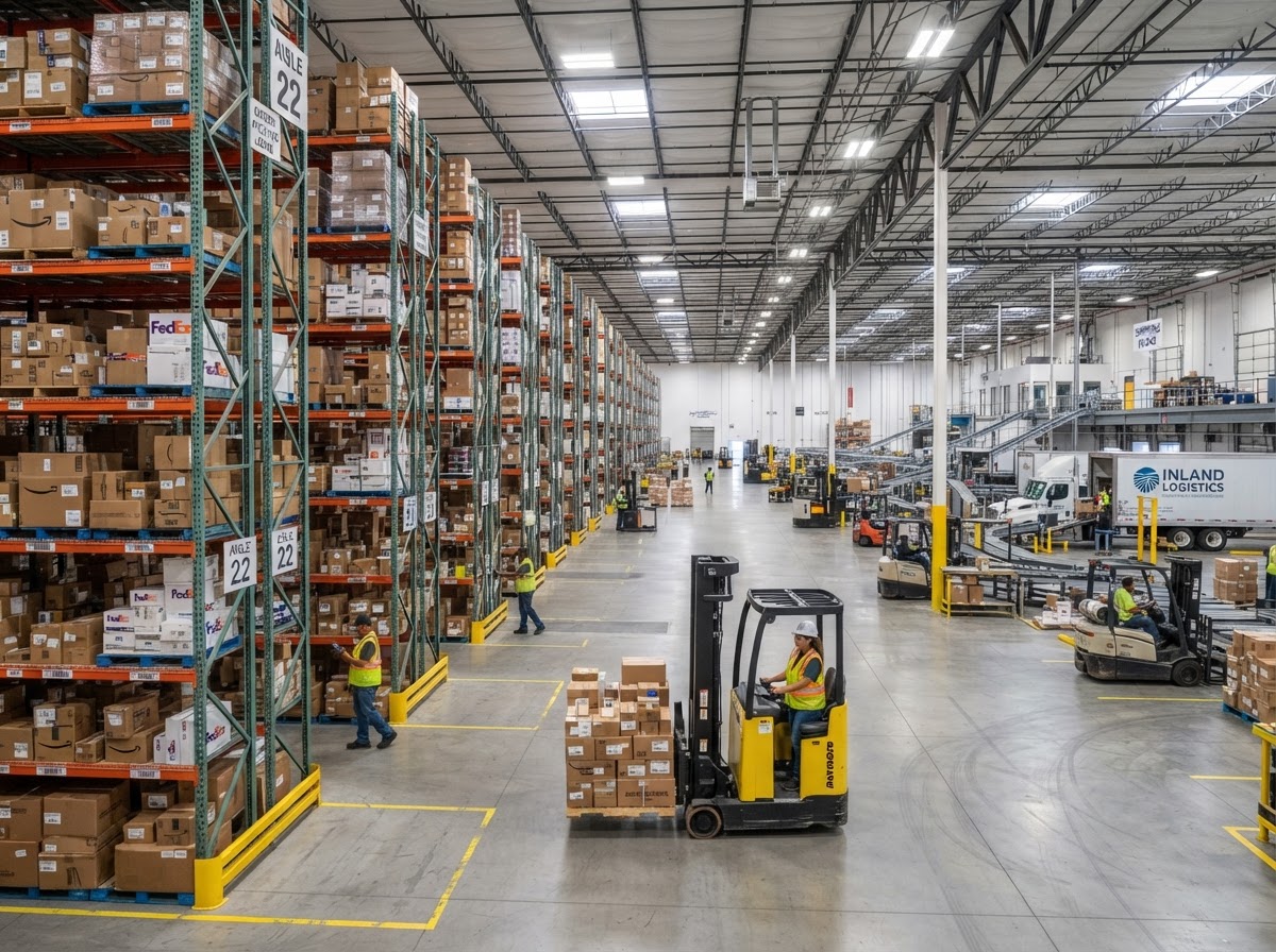 Massive modern logistics distribution warehouse interior in the Inland Empire with tall shelving racks and forklifts