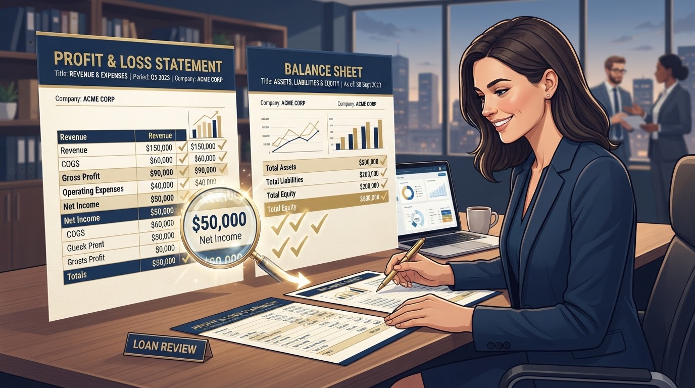 Clean Profit and Loss statement and Balance Sheet being reviewed by a lender with checkmarks
