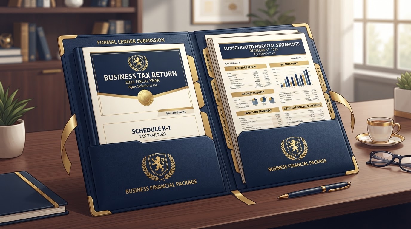 Business tax return and financial statements organized in a clean folder ready for lender review