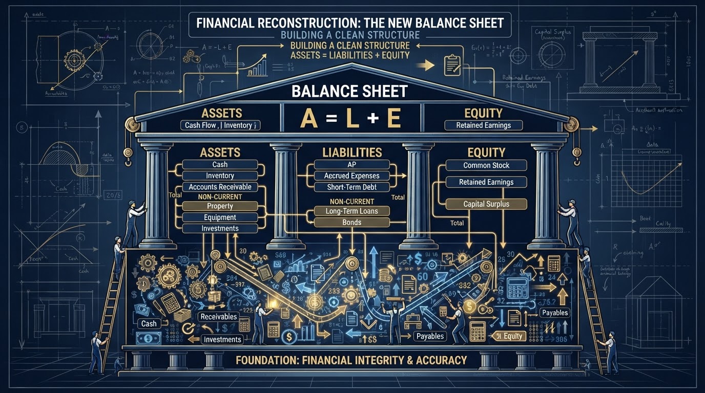 Balance sheet being rebuilt from the ground up with account categories organized into a clean structure