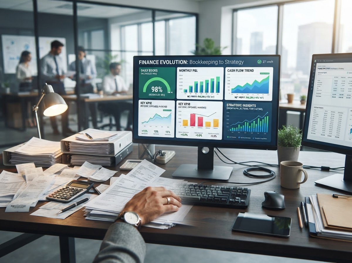 Bookkeeper desk with receipts evolving into a clean digital financial dashboard representing the leap from bookkeeping to fractional CFO strategy