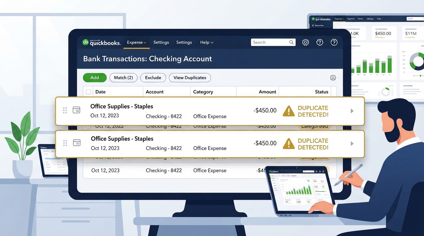 Illustration of duplicate transactions in QuickBooks showing the same expense appearing twice with warning symbols