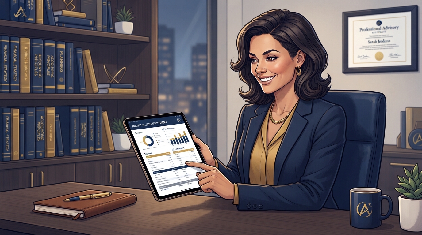 Confident business owner reviewing clean financial reports and profit and loss statements on a tablet