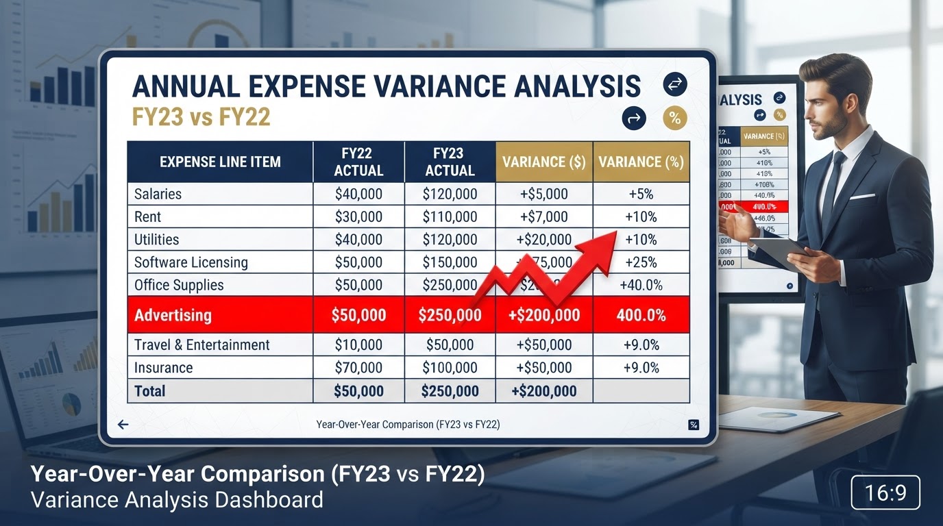 Variance analysis comparing year-over-year expenses line by line with anomaly detection
