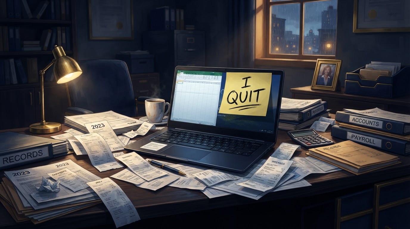 Abandoned bookkeeping desk with a sticky note and scattered receipts