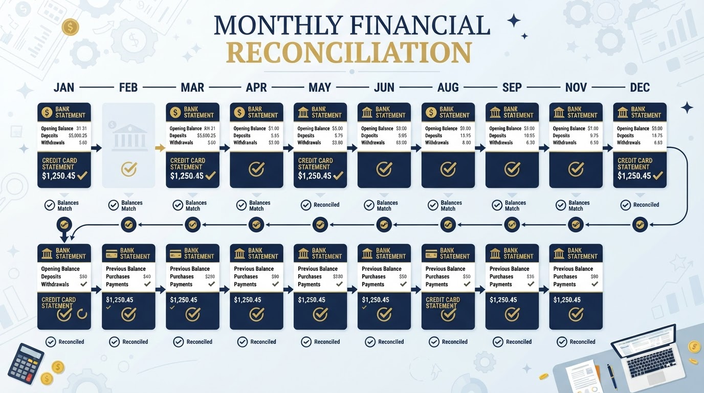 Bank and credit card statements being reconciled month by month in chronological order with checkmarks