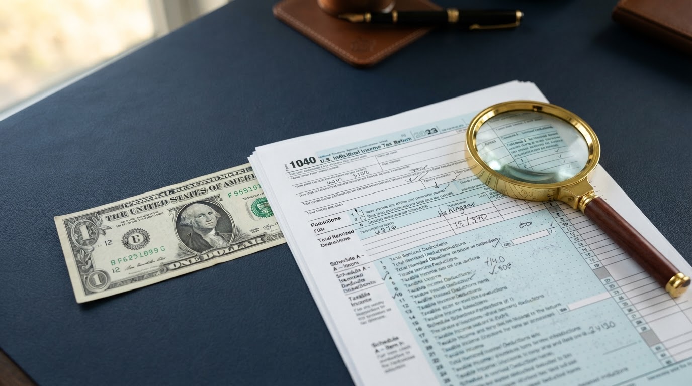 A dollar bill left on a table next to tax forms and a magnifying glass, symbolizing missed tax deductions