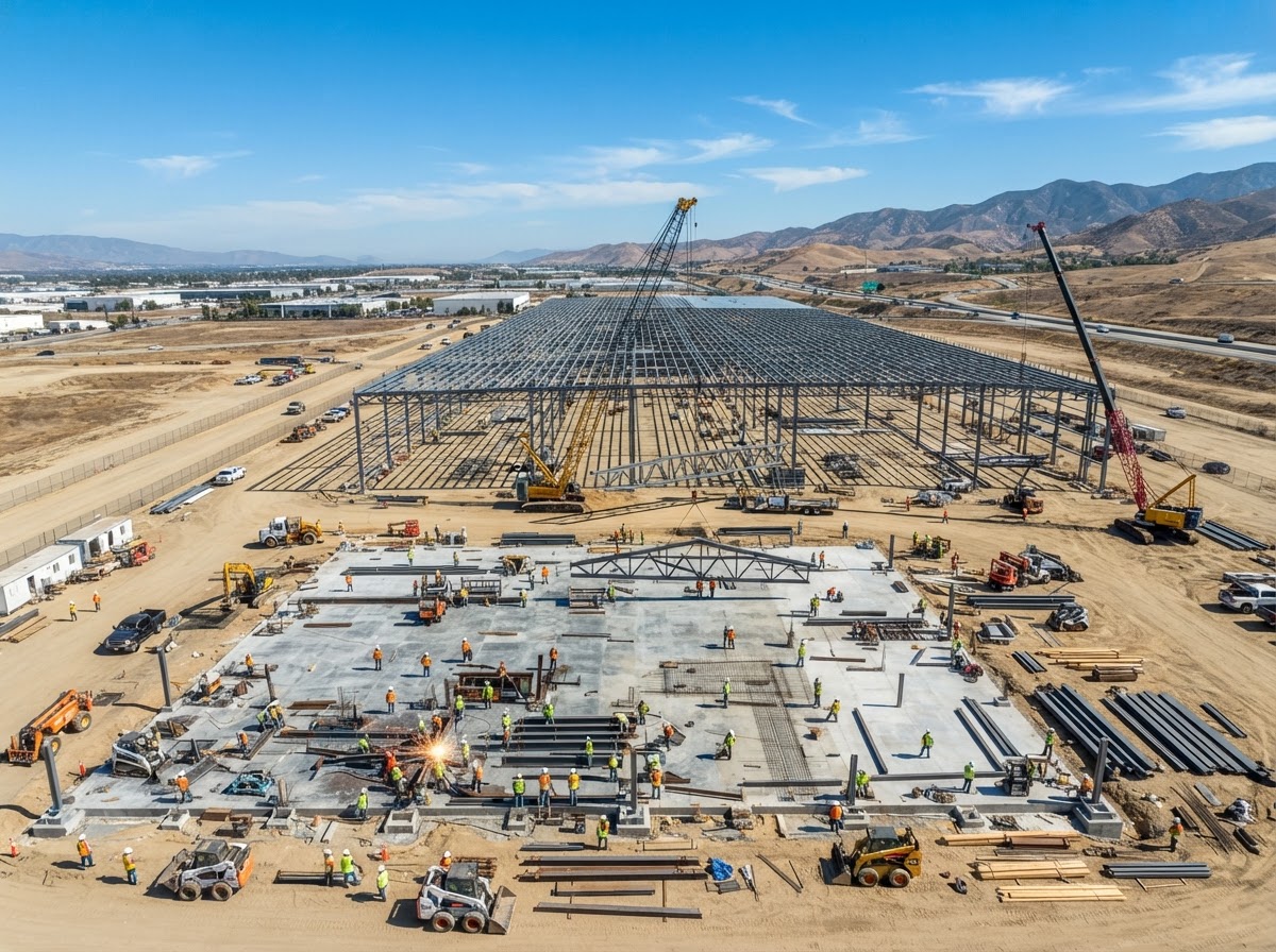 Active warehouse construction site in the Inland Empire with steel framework, cranes, and workers in hard hats
