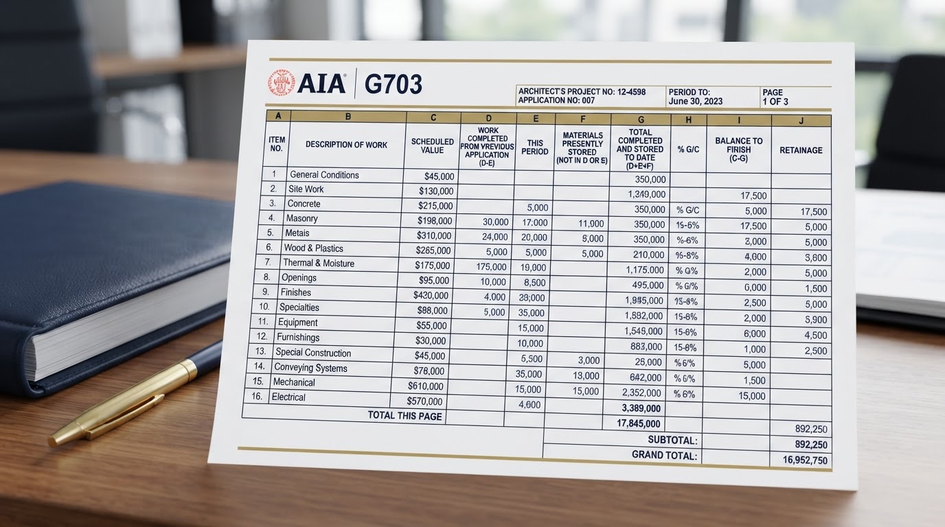 AIA G703 continuation sheet with change orders and scheduled values