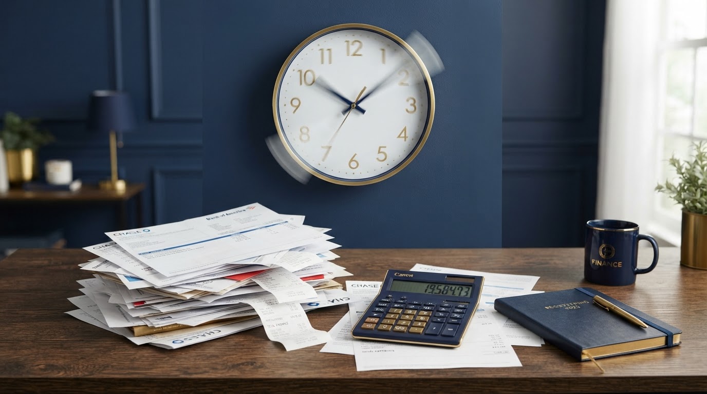 Wall clock spinning next to bank statements and a calculator, illustrating the time cost of DIY bookkeeping