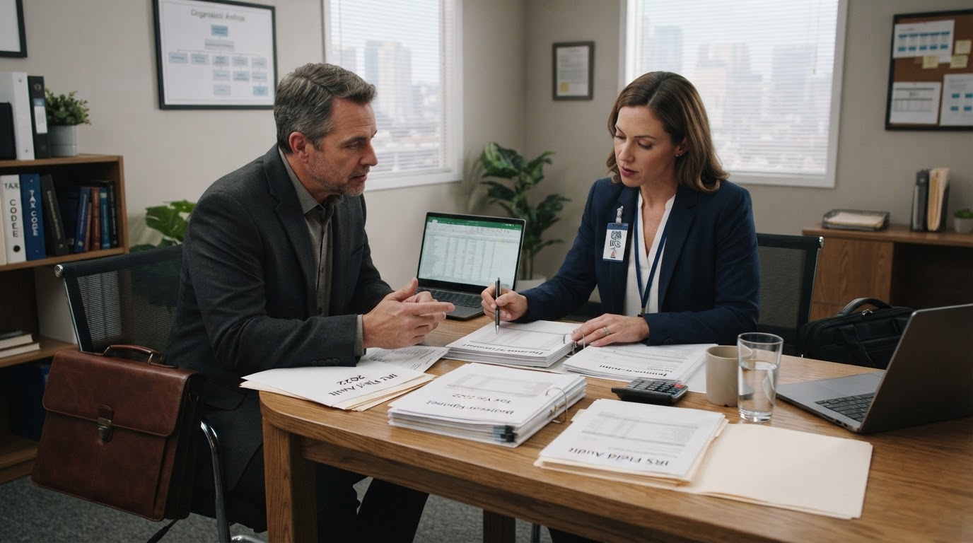 An IRS field audit meeting where an examiner reviews business records with a company owner