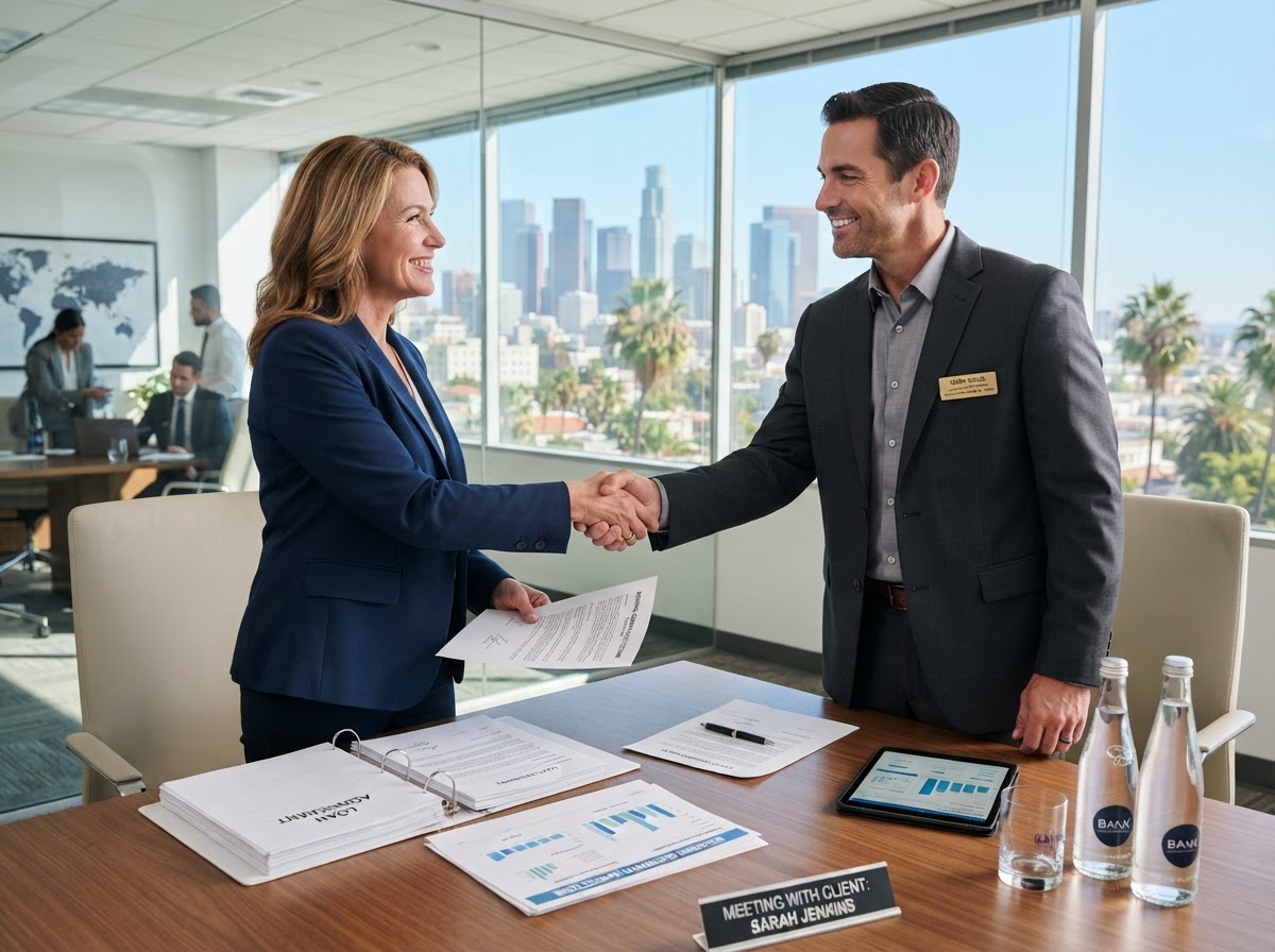 Business owner shaking hands with a bank lender after securing a business loan with financial documents on the table
