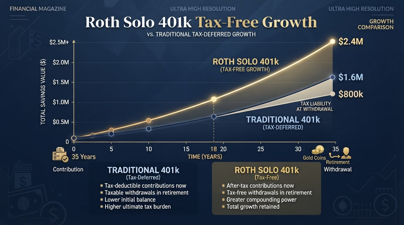 Roth Solo 401(k) tax-free growth versus traditional tax-deferred growth over time with compound growth curves